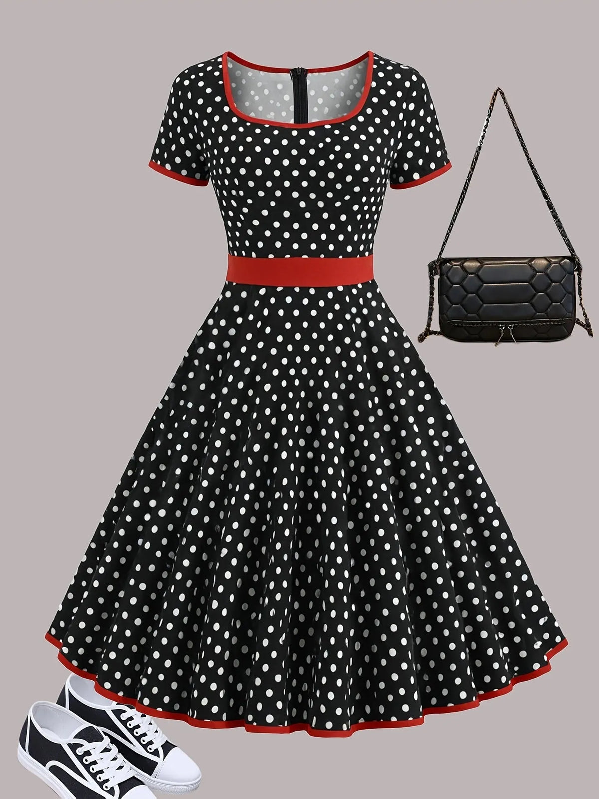 Multicolour polka dot women's dress with square collar, short sleeves, and pleated mid-length skirt.