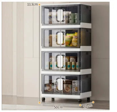 Foldable wardrobe storage locker with wheels in white or grey showing multiple layer shelves for household organisation