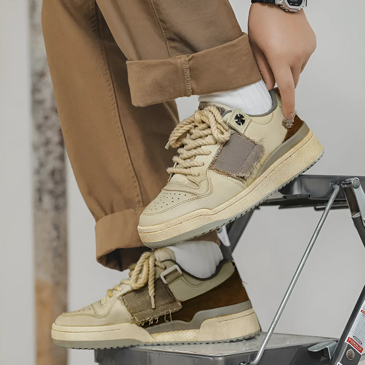Beige low-top vintage style skateboard shoes with round toe and lace-up front on a rubber sole.