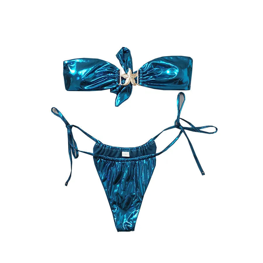 Glossy blue tube top split bikini set with high elasticity and backless design for female swimming