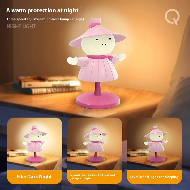 Cartoon scarecrow night lamp in brown, pink, or green with USB cable and dimmable bedside light