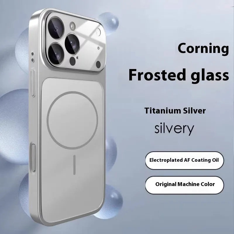 Frosted tempered glass magnetic phone case for iPhone on a table, showing orange colour option.