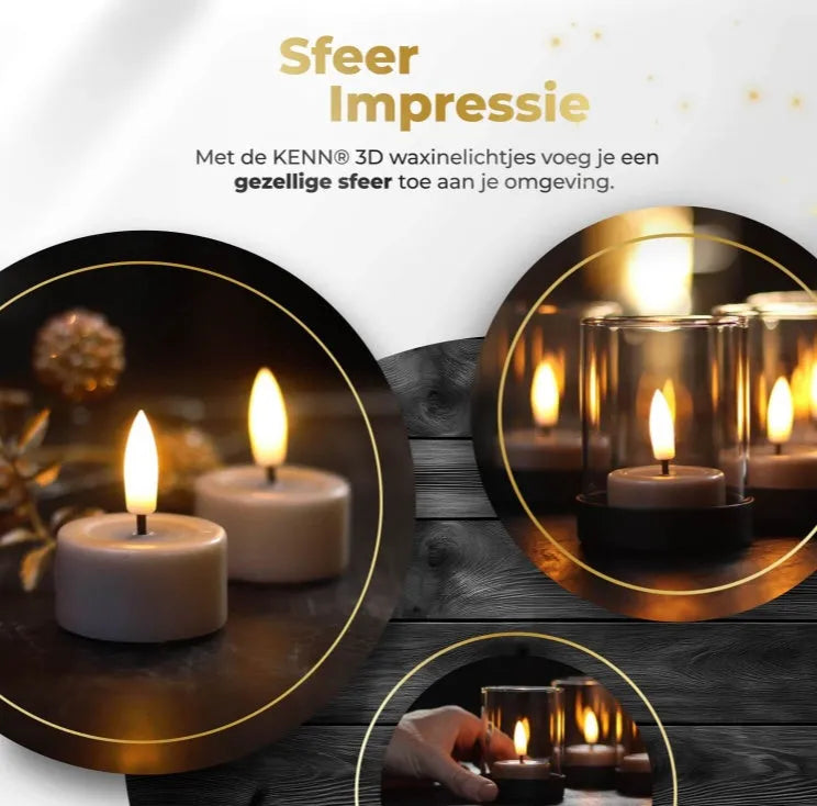 Four taupe-coloured S10 3D flame LED tealight candles showing realistic flickering light.