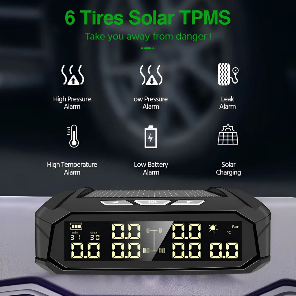 Solar tyre pressure monitor display unit with colour screen for six-wheel trucks and RVs