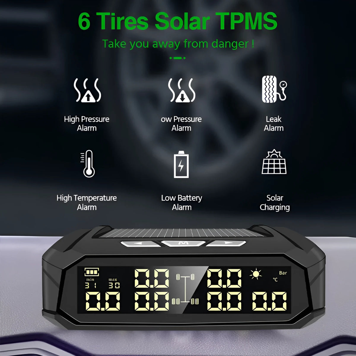 Solar tyre pressure monitor display unit with colour screen for six-wheel trucks and RVs