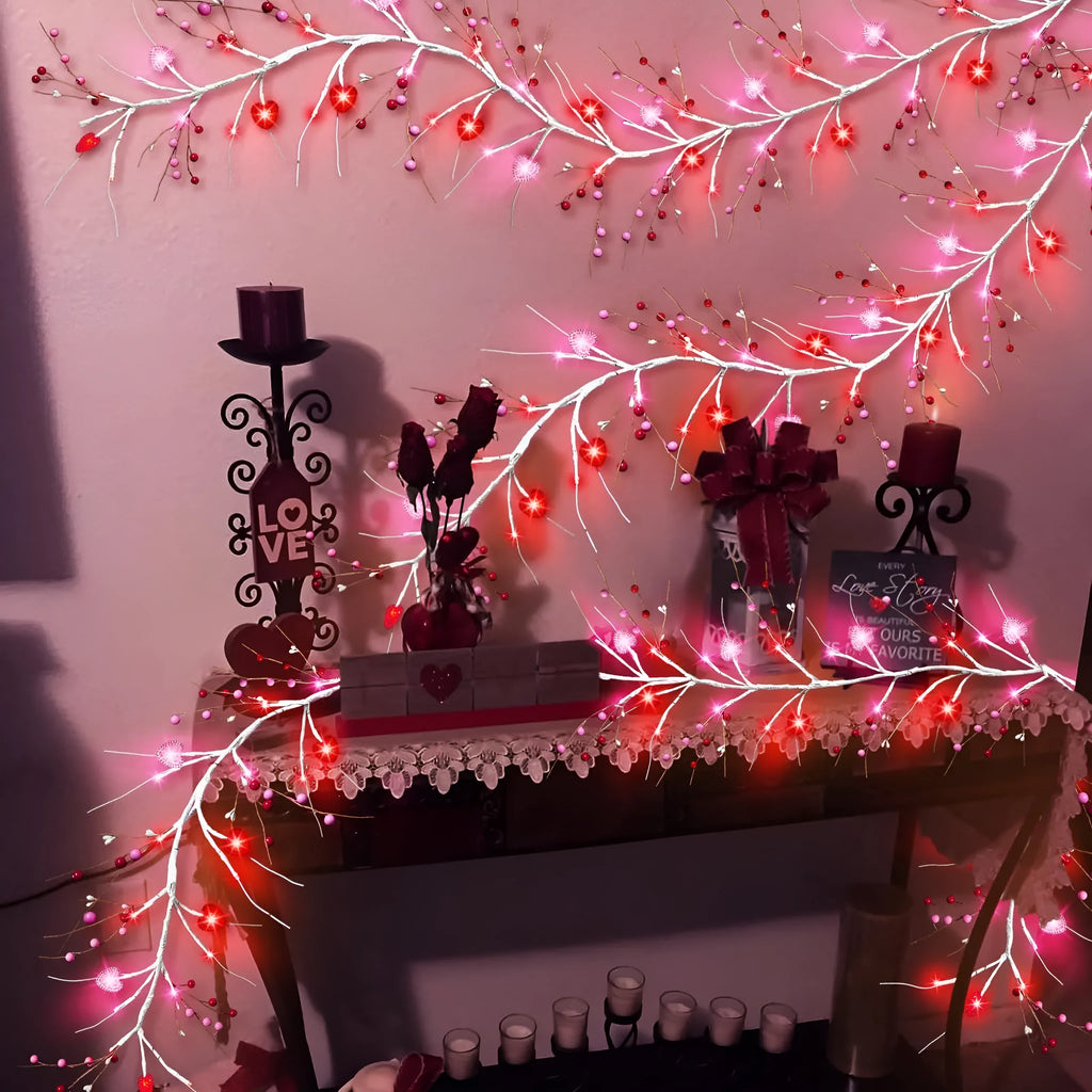 1.8m pink heart shaped rattan string lights with 48 LED lights, battery powered and IP44 rated
