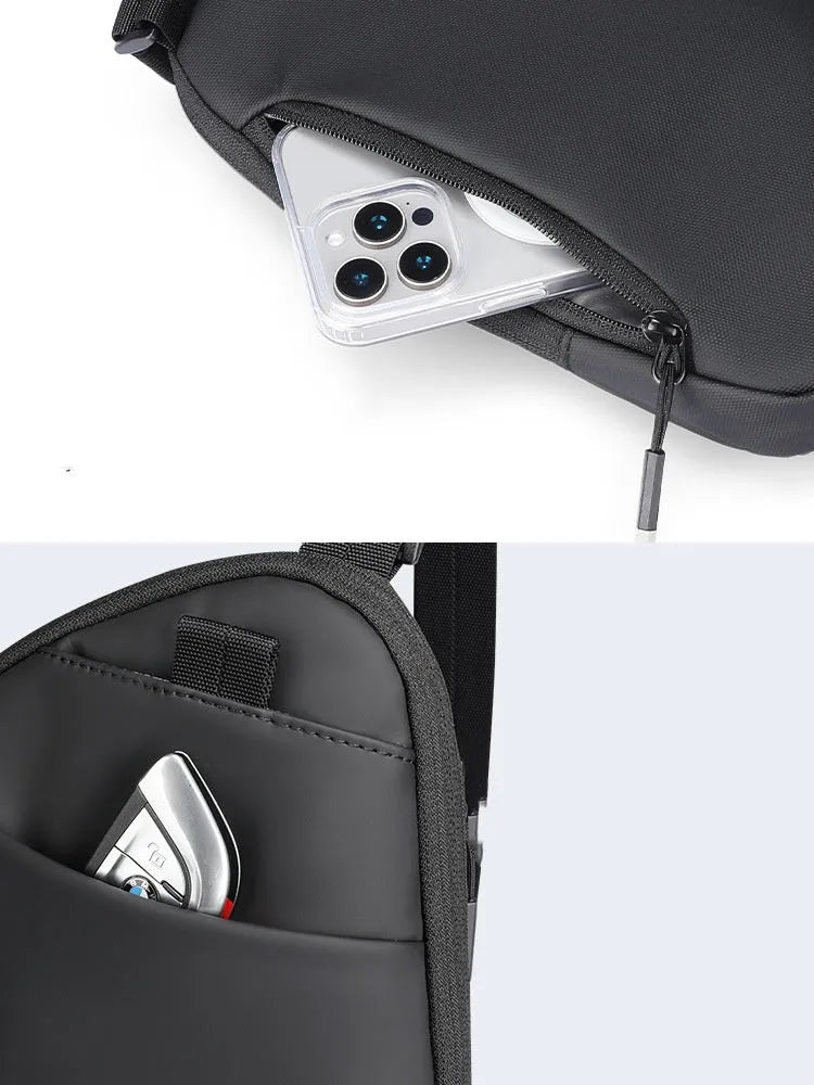 Men's elegant black lightweight crossbody bag made from Oxford cloth with visible stitching.