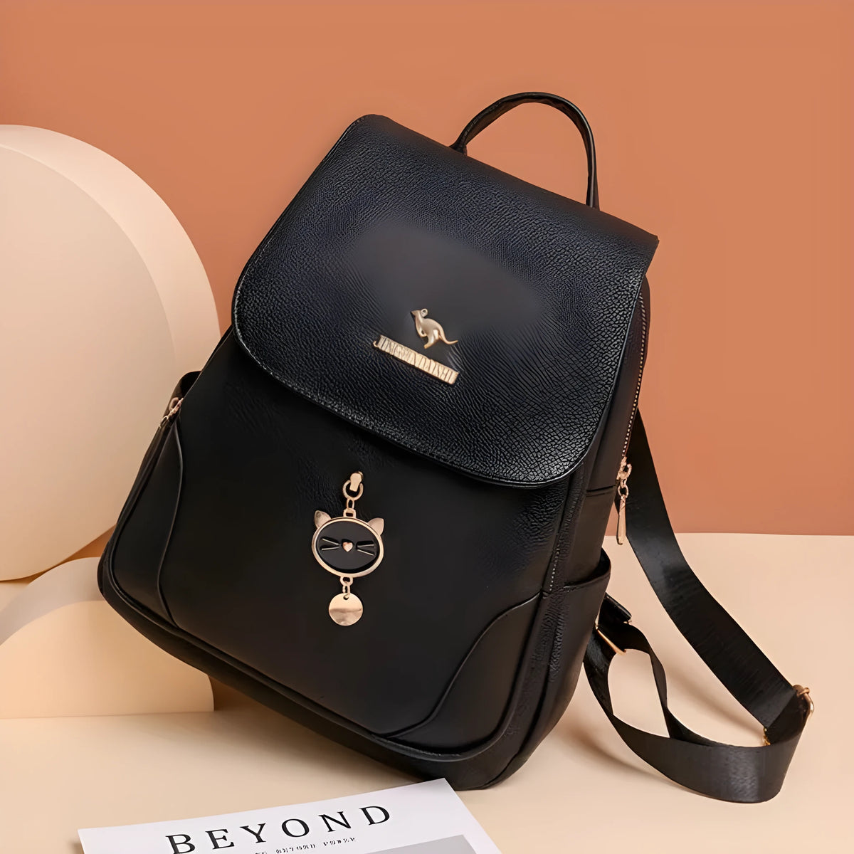 Women's leather backpack with advanced texture design showing three-dimensional pockets in street trend style