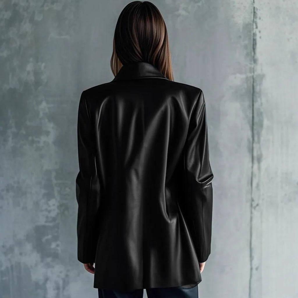Black women's polyester leather jacket on a hanger, showing medium length and long sleeves.