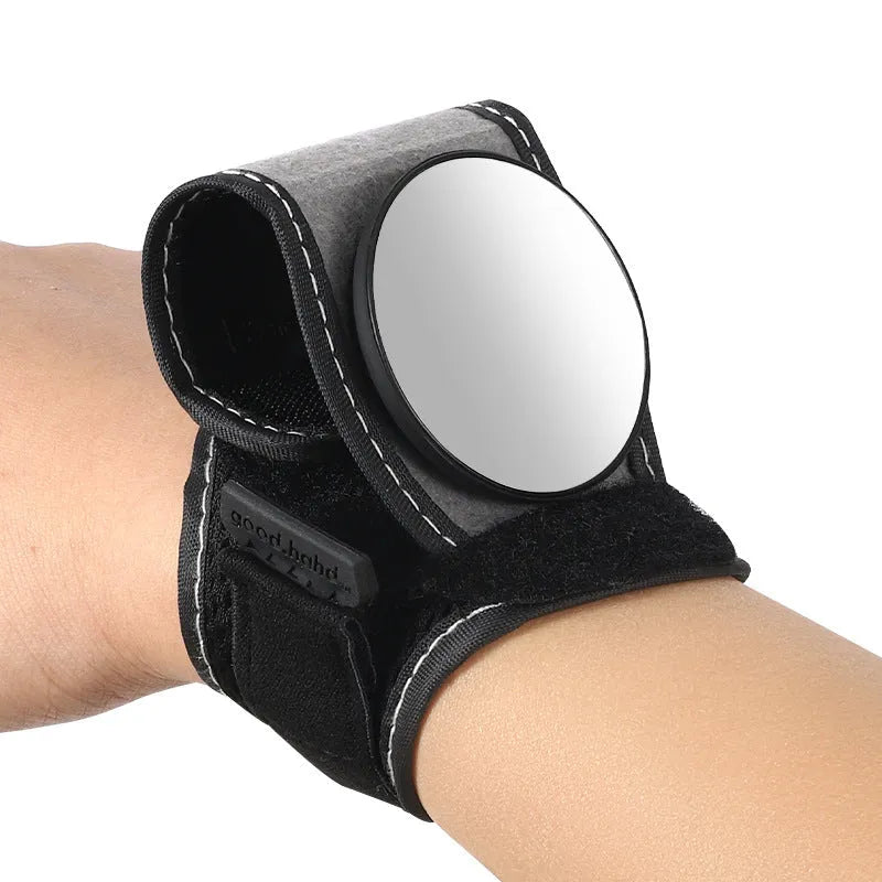 Black nylon cycling rear-view mirror fixture mounted on bicycle handlebars.
