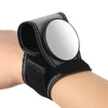 Black nylon cycling rear-view mirror fixture mounted on bicycle handlebars.