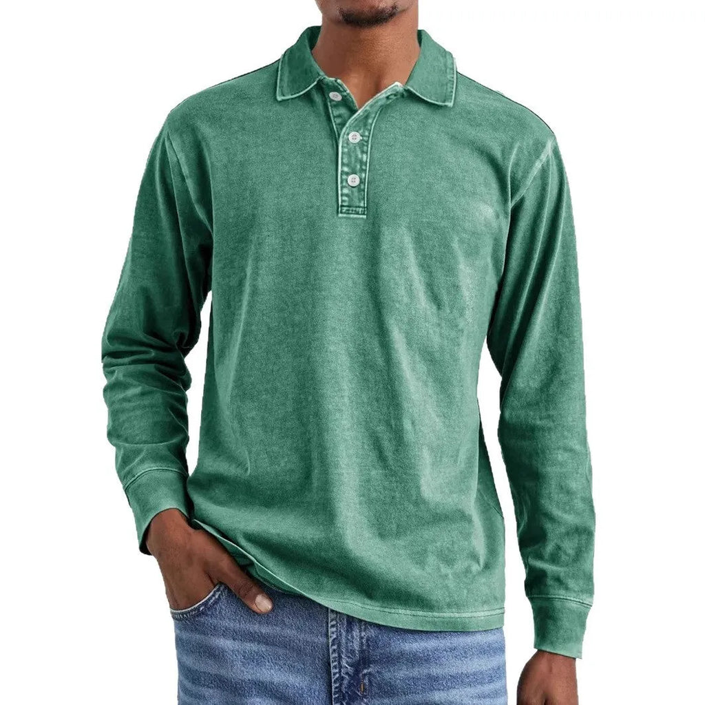 Retro styled long sleeve polo shirt with a distressed lapel, shown in army green colour