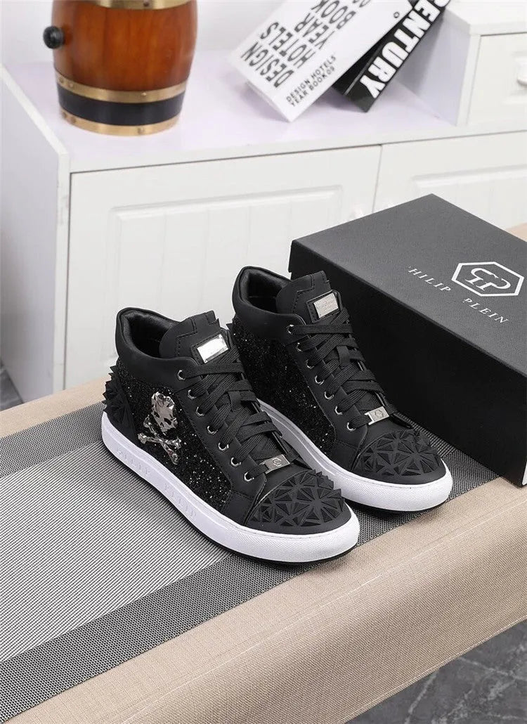 Men's black and red genuine leather high top skeleton shoes with lace-up closure.