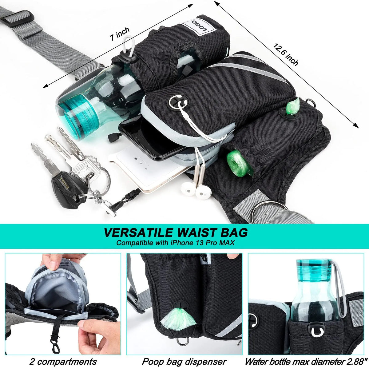 Black outdoor dog walking set with nylon waist bag and adjustable leash for pet training