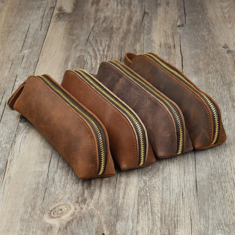 Genuine cowhide leather handmade square storage case with zipper in black colour