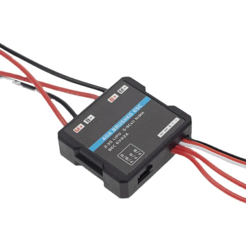 Small 40A brushed electronic speed controller for 1/16 and 1/18 scale RC cars and trucks.