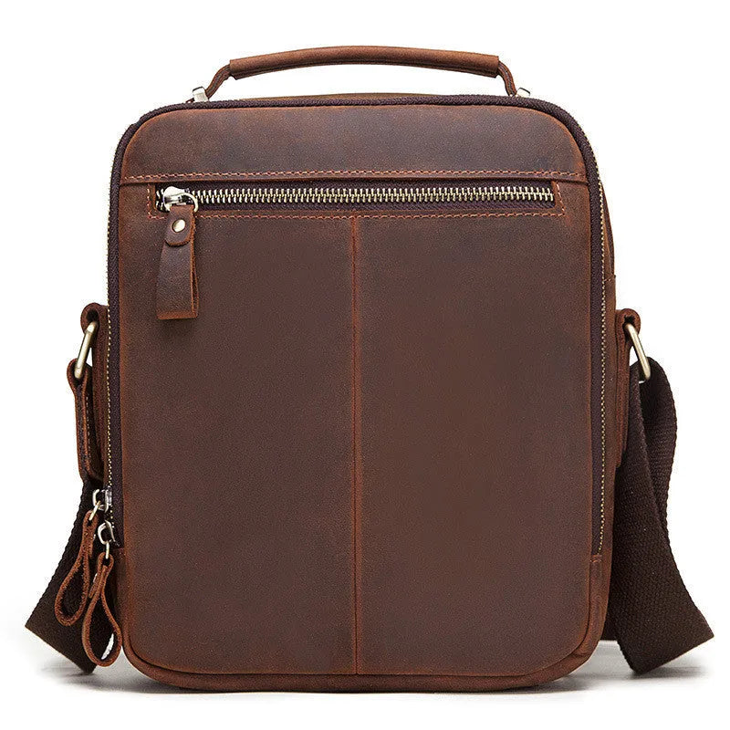 Men's brown Crazy Horse leather single-shoulder crossbody bag with retro styling and sewing line details