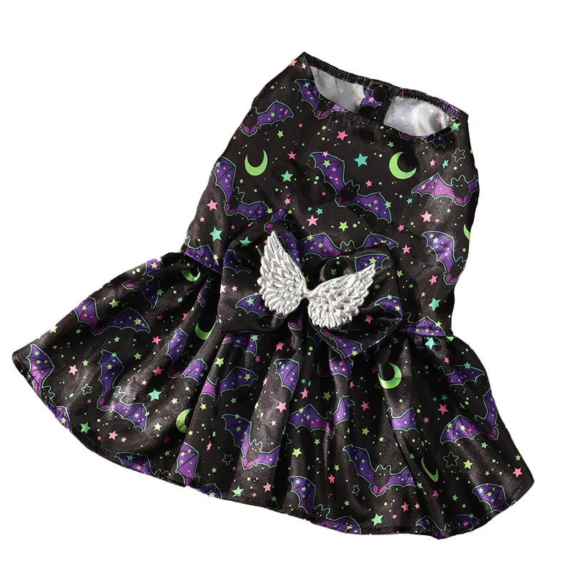 Halloween dog costume with angel wings in bright pumpkin orange or bat print design