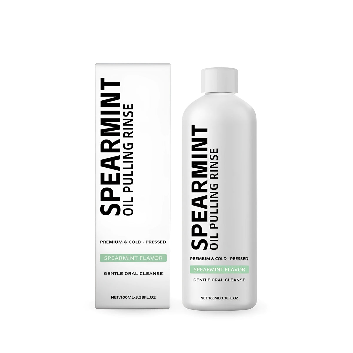 100ml bottle of spearmint oil pulling rinse mouthwash with natural clove and peppermint oils.