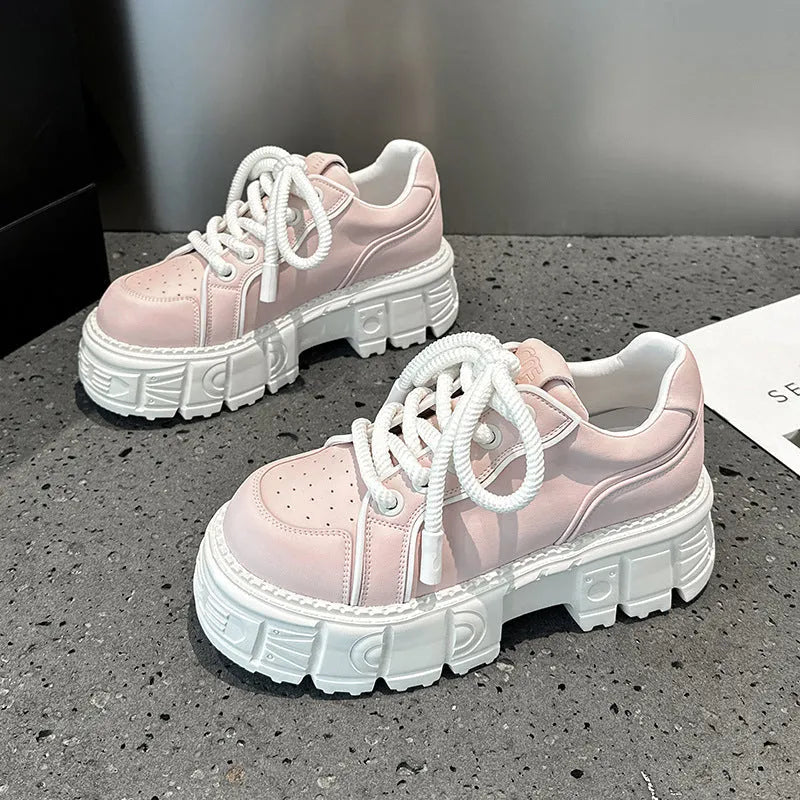 Women's beige and pink leather casual shoes with muffin bottom height increase design