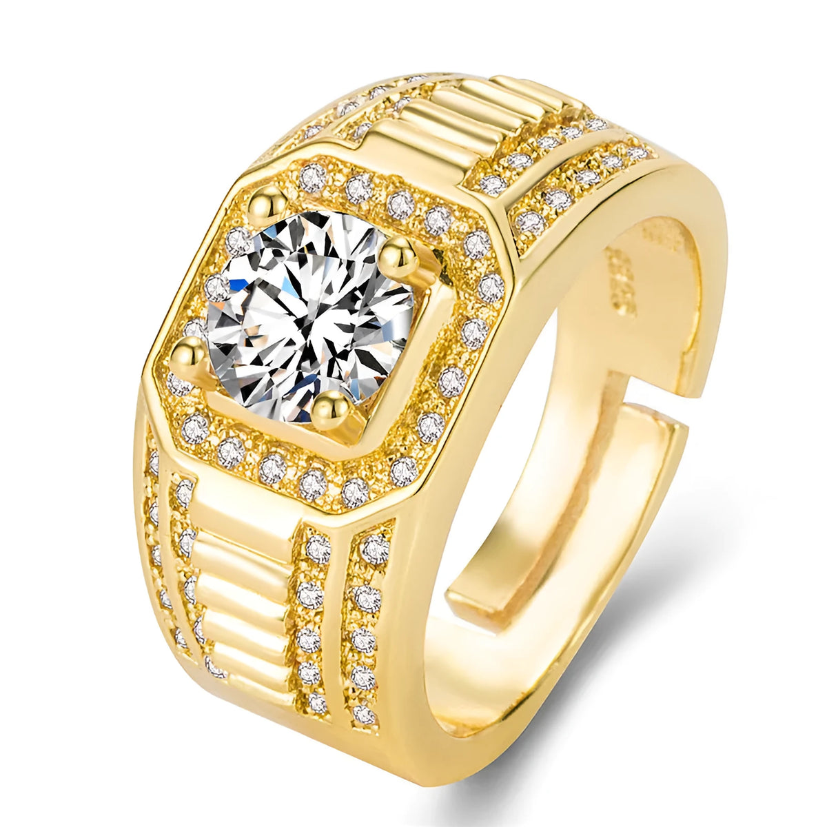 Men's adjustable square diamond fashion ring in gold colour on a copper band.