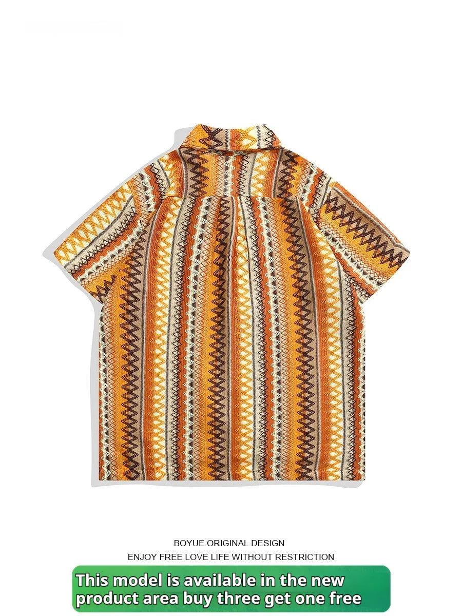 Ethnic style woven Cuban collar shirt in contrast colours with loose fit and drop shoulders.