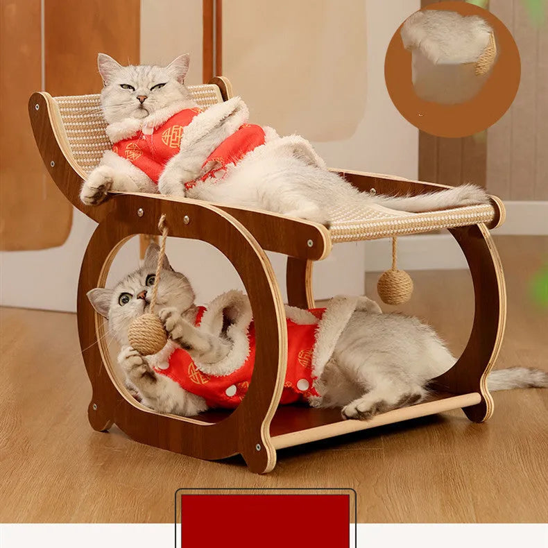 Solid wood cat recliner bed with an integrated sisal scratching surface in walnut colour.