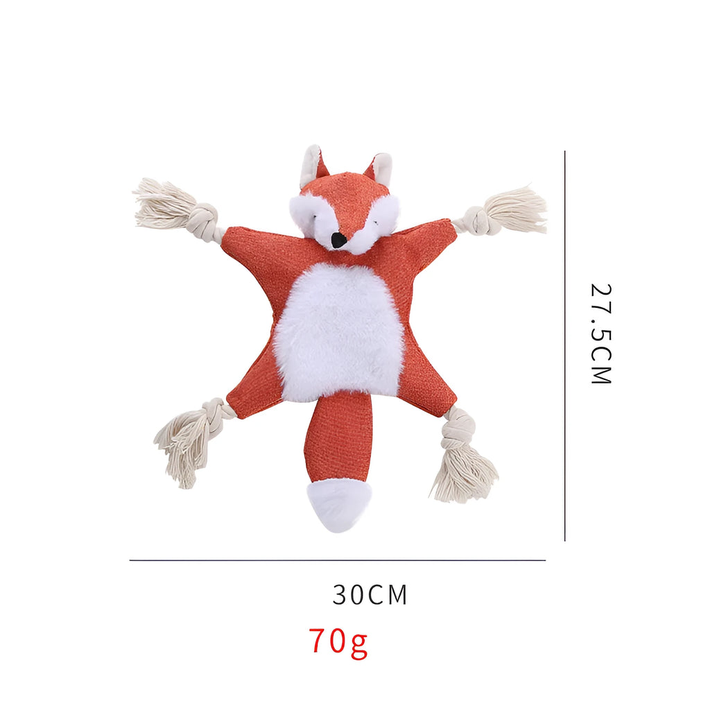 Brown plush fox dog toy with embroidery eyes, cotton rope limbs, and crinkle paper body