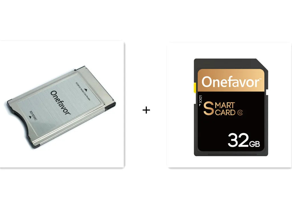 SD to PCMCIA adapter card with stainless steel housing for Mercedes-Benz cars next to a 32GB SDHC card