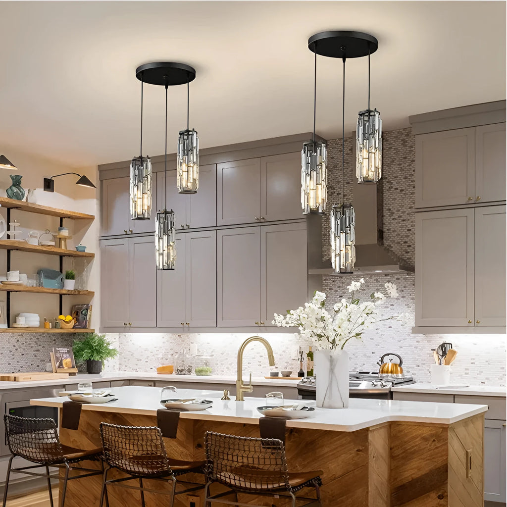 Single head industrial crystal LED droplight in black finish for restaurant aisle or bedside lighting.