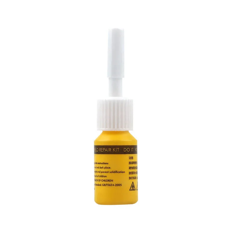 Yellow three-piece car windscreen repair agent tool set for windshield chip and crack repair