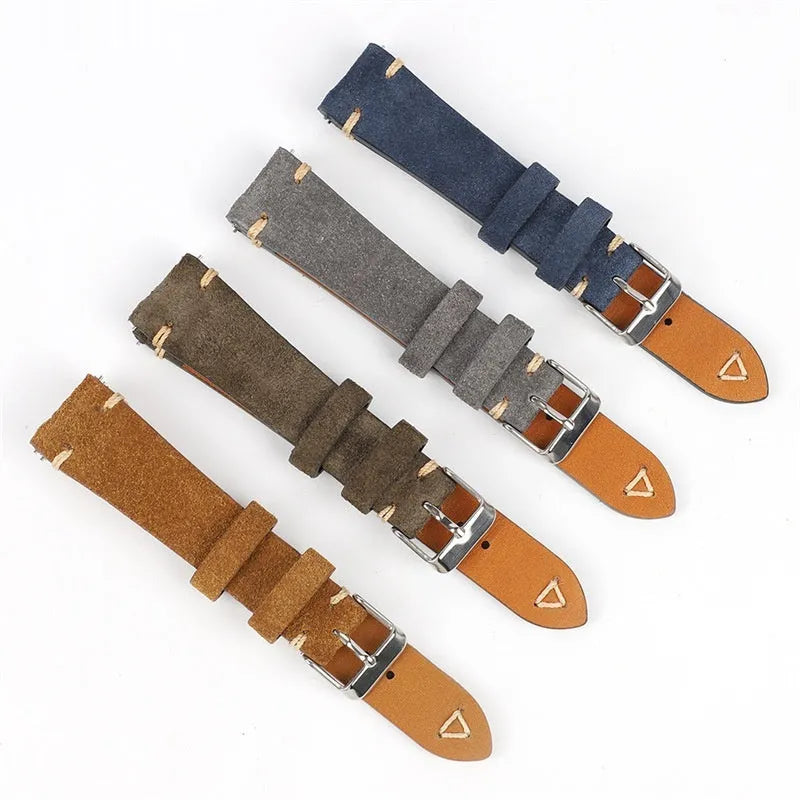 Suede genuine leather small waist watch strap in brown, blue, gray, Army Green for 20mm 22mm watches.