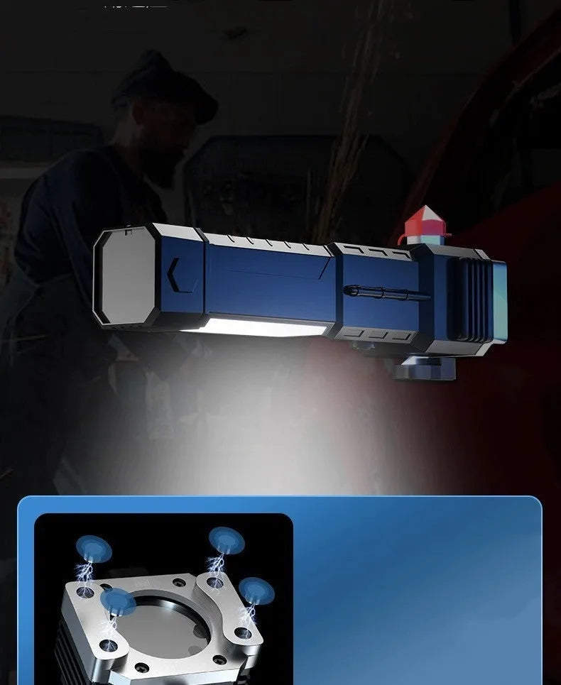 Silver portable LED flashlight with integrated power bank charging function.