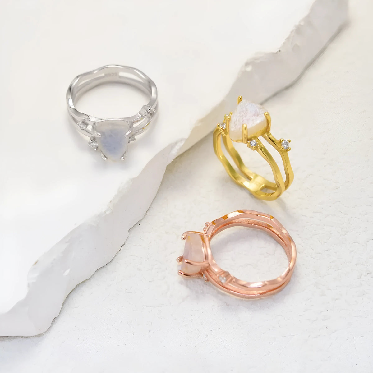 S925 sterling silver irregular triangle moonstone ring in rose gold, white gold, or yellow gold colour plating.