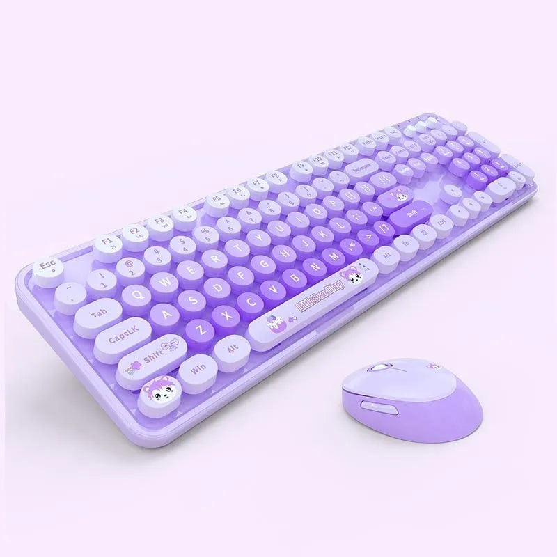 Wireless keyboard and mouse set in mixed colour options including blue, pink and purple variants