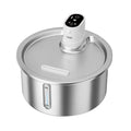 Stainless steel pet water fountain with digital heating base control panel, shown in white colour.