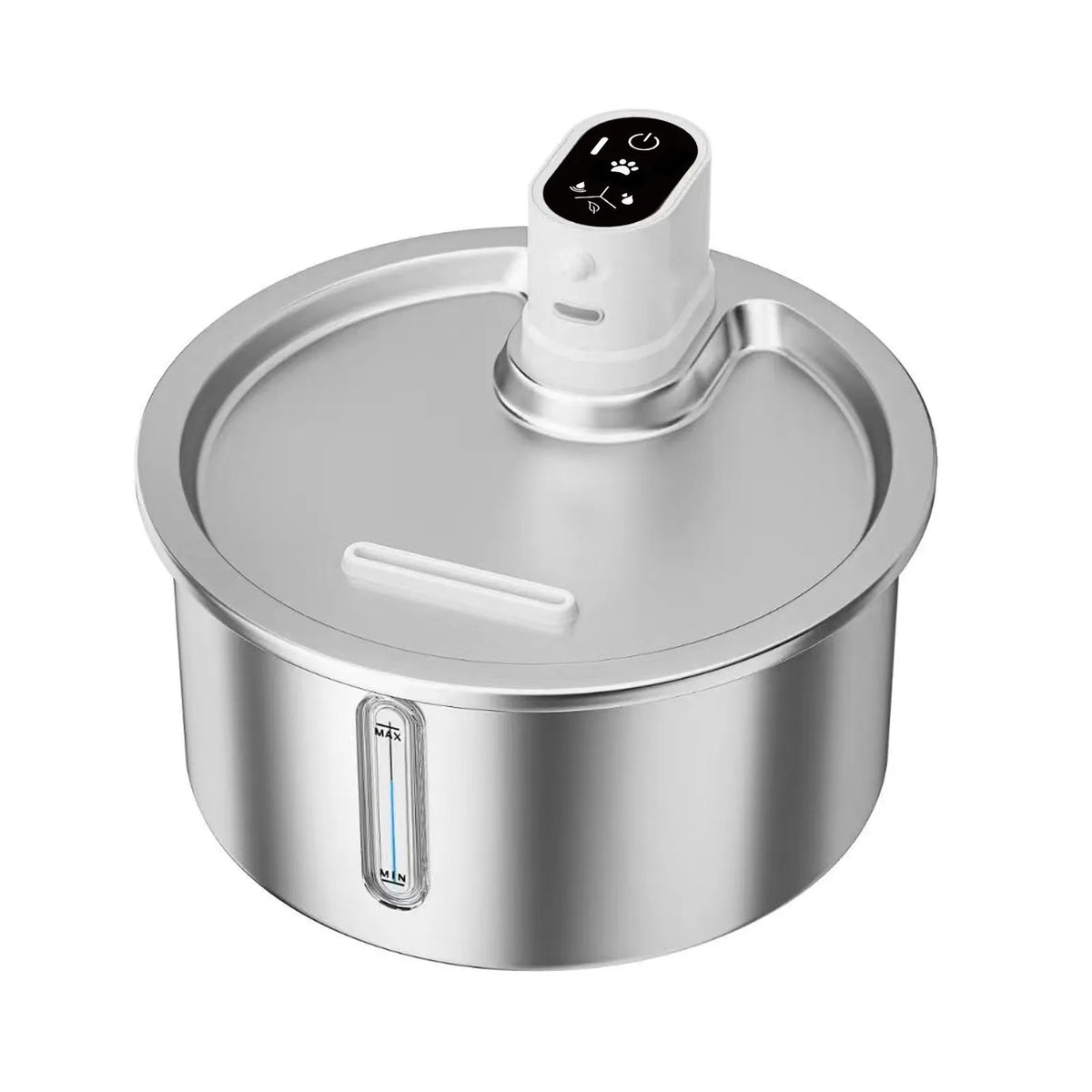Stainless steel pet water fountain with digital heating base control panel, shown in white colour.