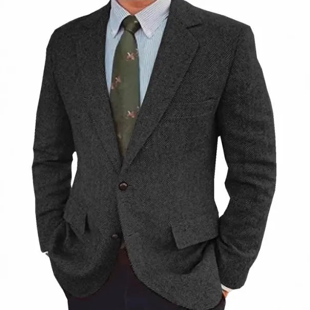 Men's brown herringbone suit jacket with long sleeves and retro business casual style.