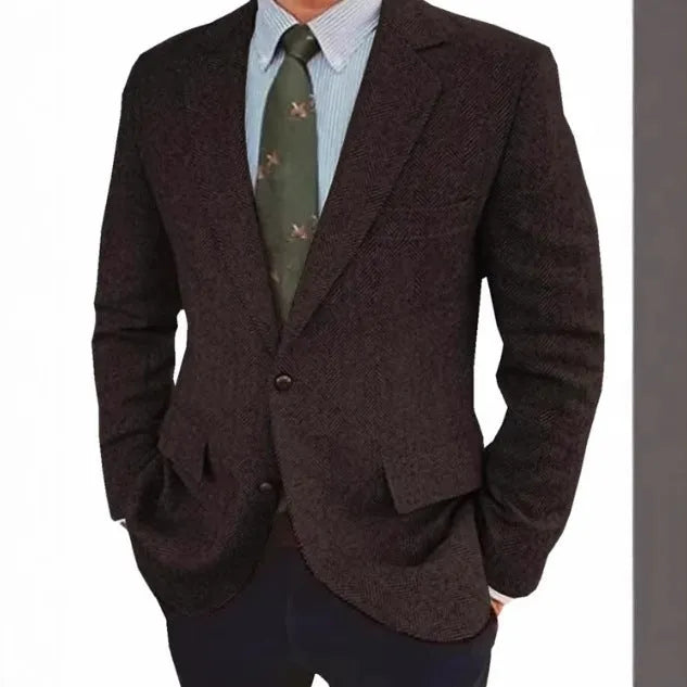 Men's brown herringbone suit jacket with long sleeves and retro business casual style.