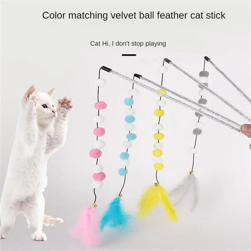 Grey cat teaser rod with yellow pompon feather and bell, shown at full 31cm length.