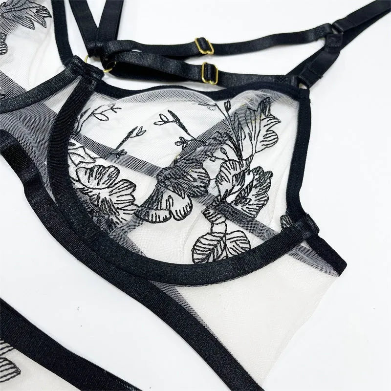Black lace mesh women's three-piece set with floral print including top, pants and waist ring