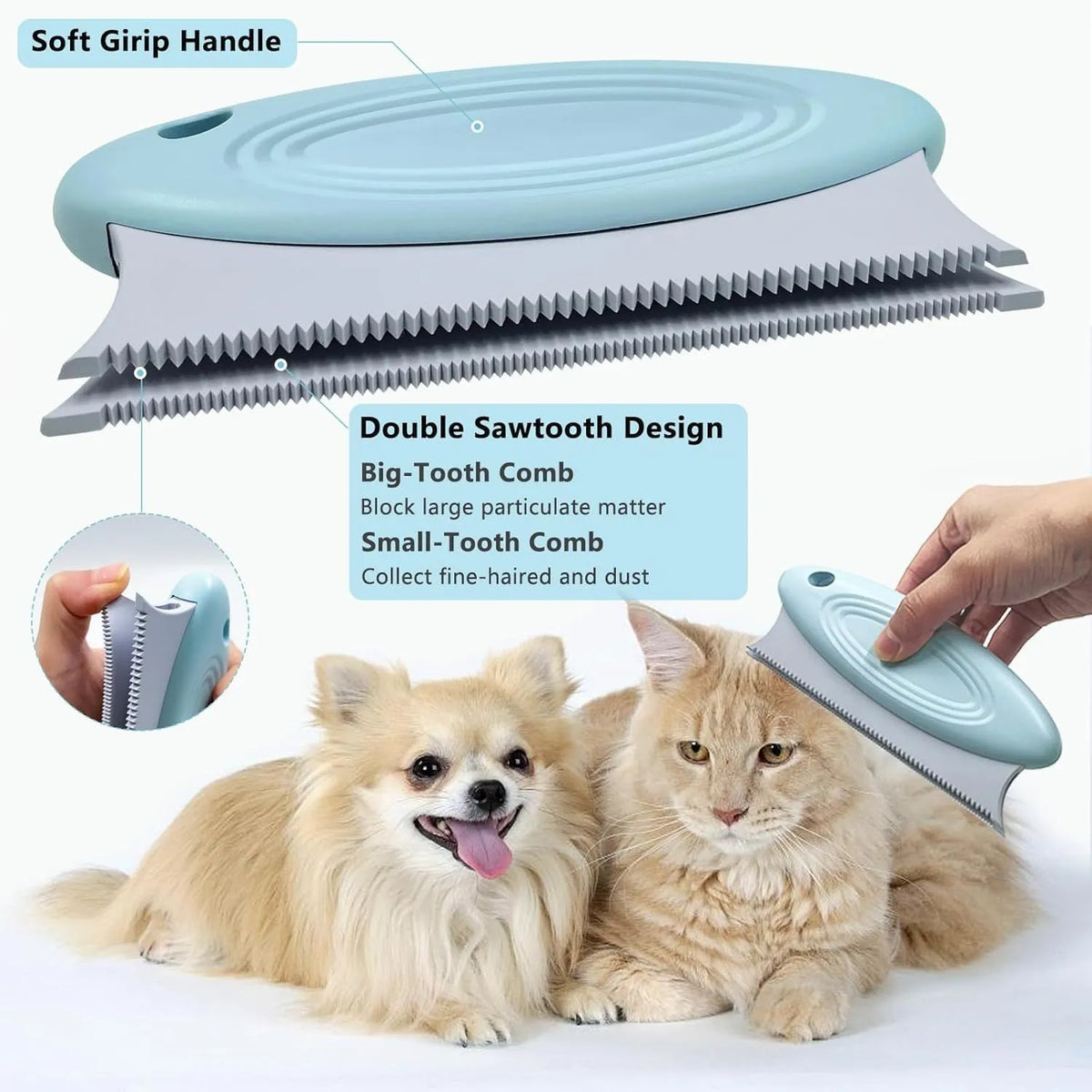Three-piece pet hair remover set showing metal scraper, silicone lint brush, and round upholstery cleaner