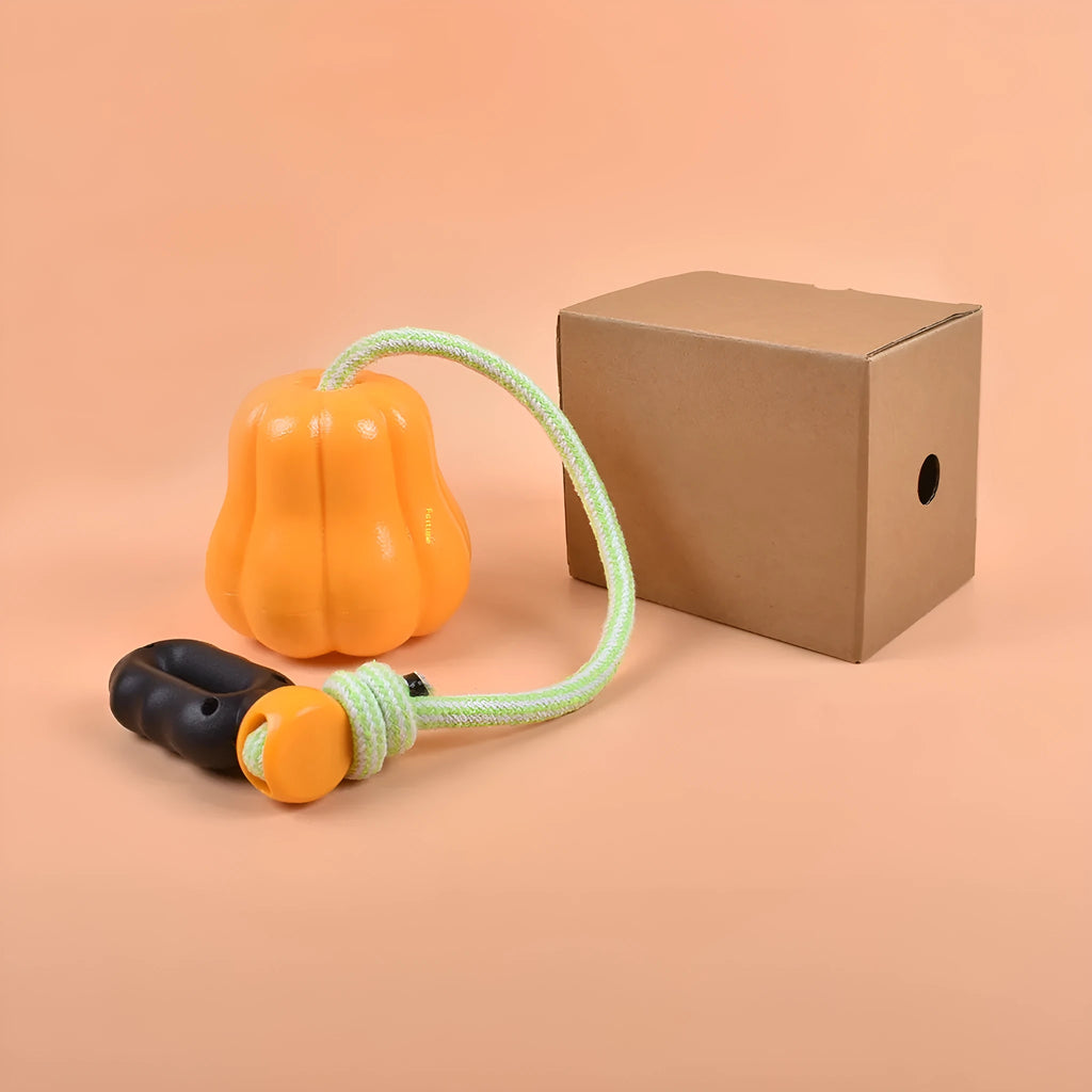 Orange pumpkin-shaped plastic dog toy with bite molar texture and rope handle for aggressive chewers