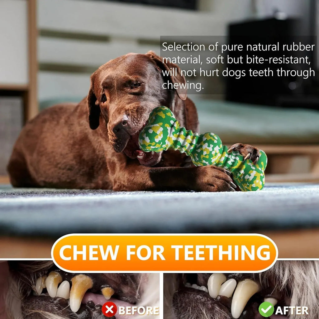 Natural rubber dog chew toy with camouflage pattern for medium to large breed aggressive chewers