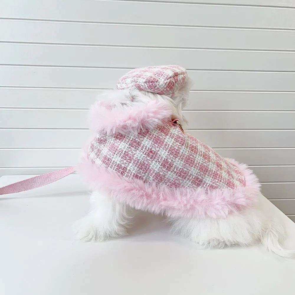 Pink cat winter cloak and beret set with hand-holding rope leash attachment shown in multiple sizes