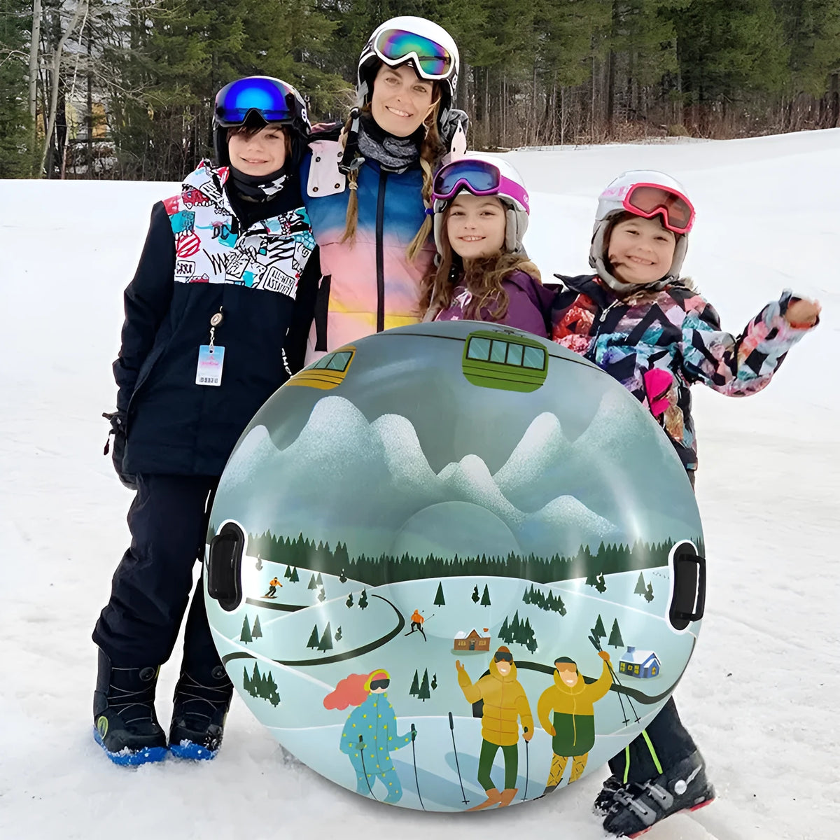 PVC winter ski ring toy in a choice of three printed colour designs for outdoor snow play.