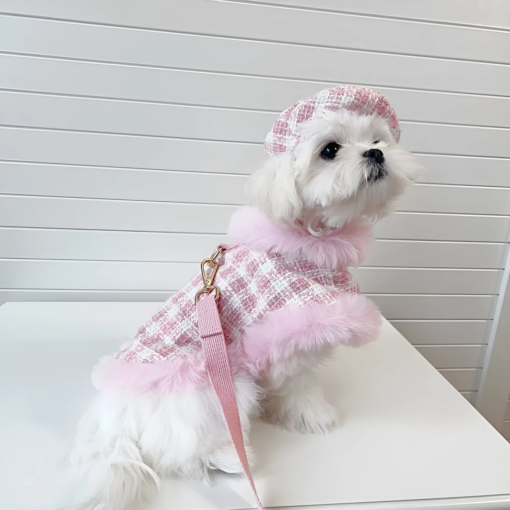 Pink cat winter cloak and beret set with hand-holding rope leash attachment shown in multiple sizes