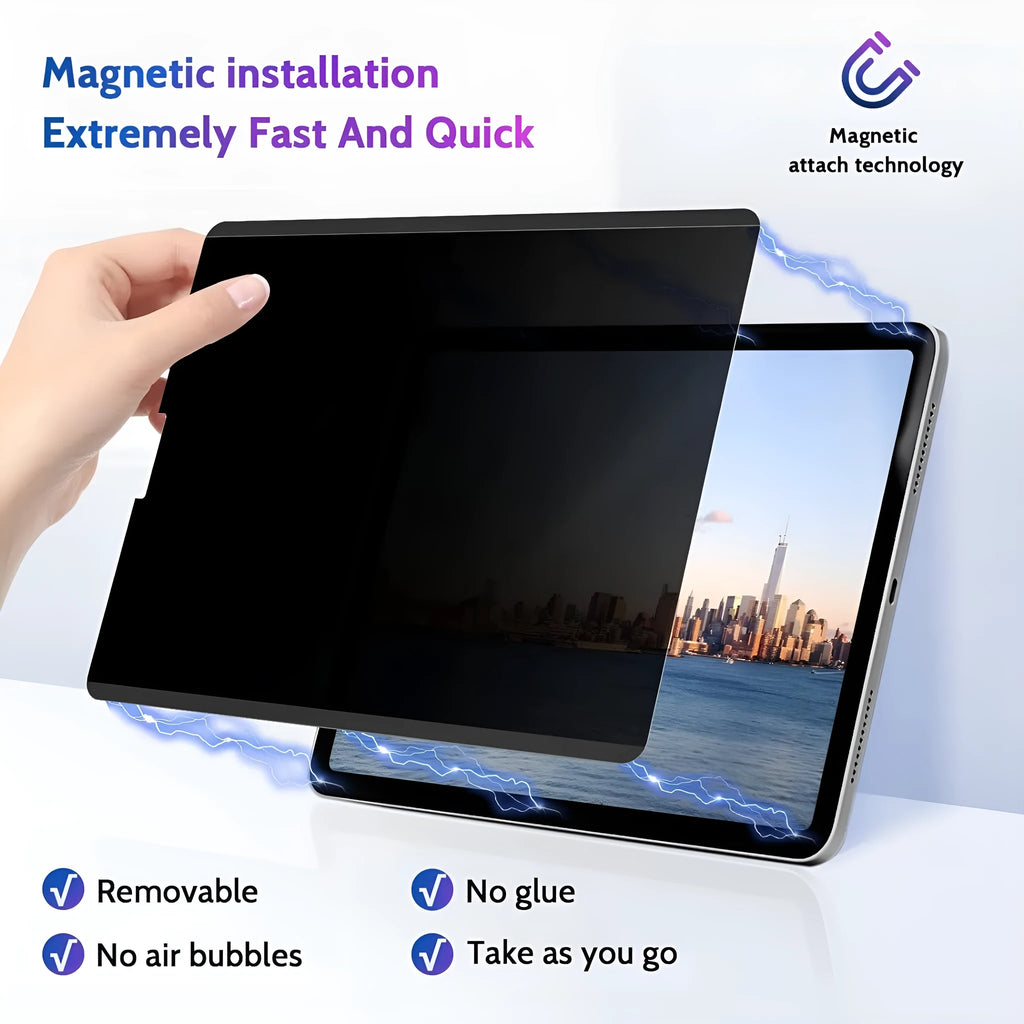 Magnetic suction privacy screen protector film for iPad with paper-like finish and storage clip.