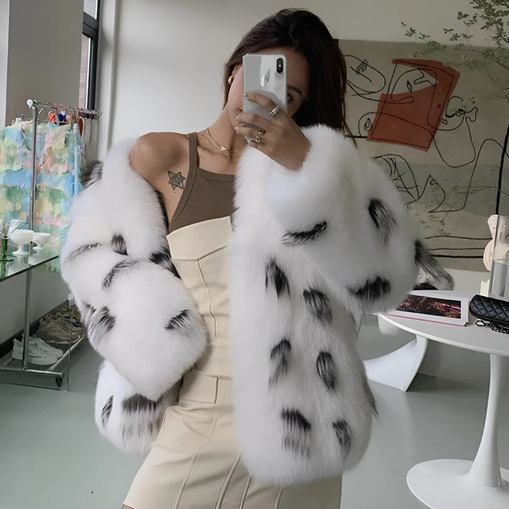 Women's black and white raccoon pattern faux fur coat in Korean street fashion style