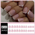 24 white plastic fake nails with a black and grey plaid pattern, arranged on a table.
